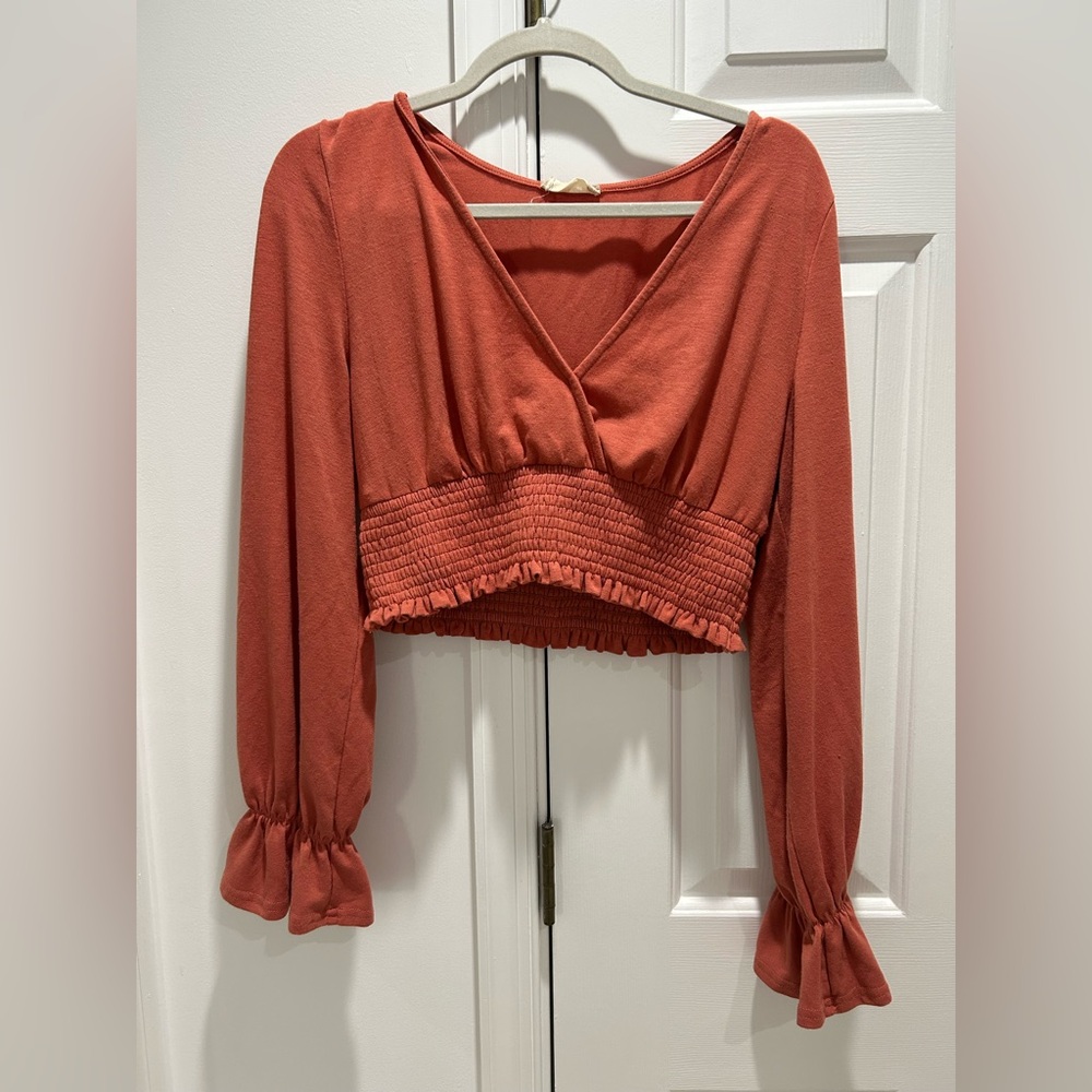 Altar'd State Rust V-Neck Cropped Smocked Waist Top